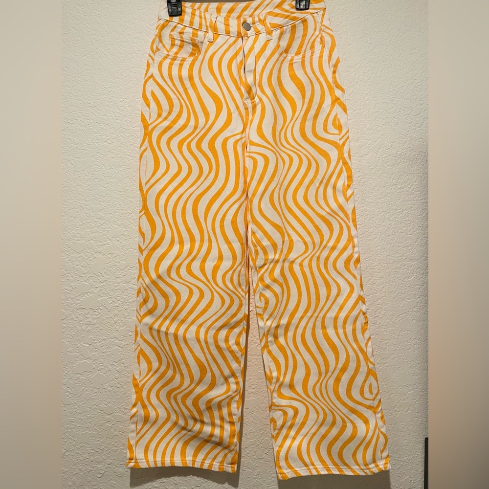 NEW 70s Style Orange and White Swirl Groovy Straight Leg Jeans